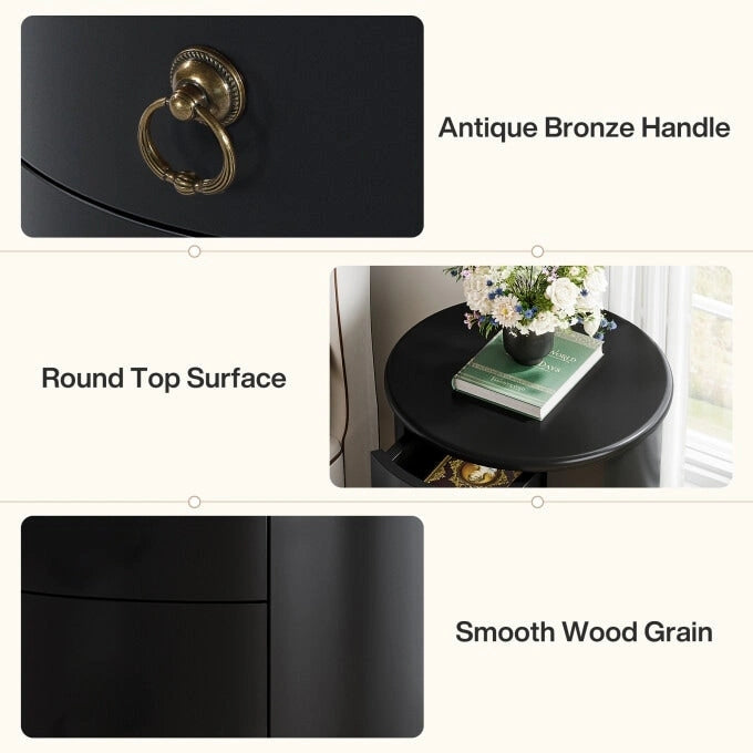 Oval Solid Wood Nightstand with 4 Drawers Cherry Black