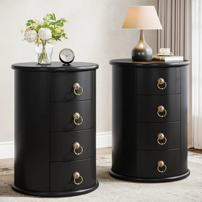 Oval Solid Wood Nightstand with 4 Drawers Cherry Black
