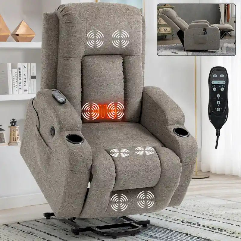 Power Lift Recliner Chair with Massage Heating USB Cup Holders Brown