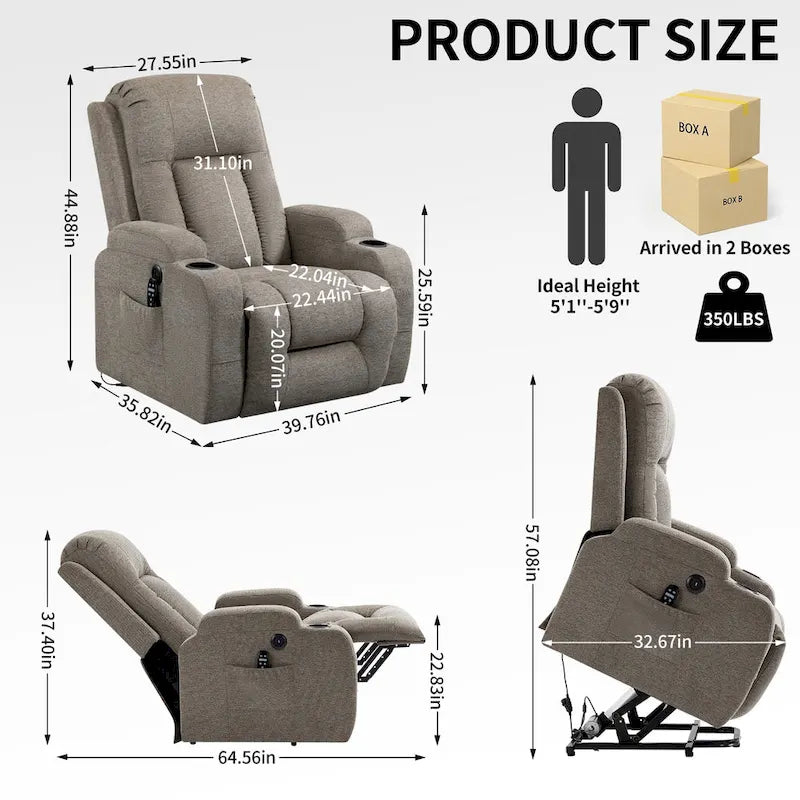 Power Lift Recliner Chair with Massage Heating USB Cup Holders Brown