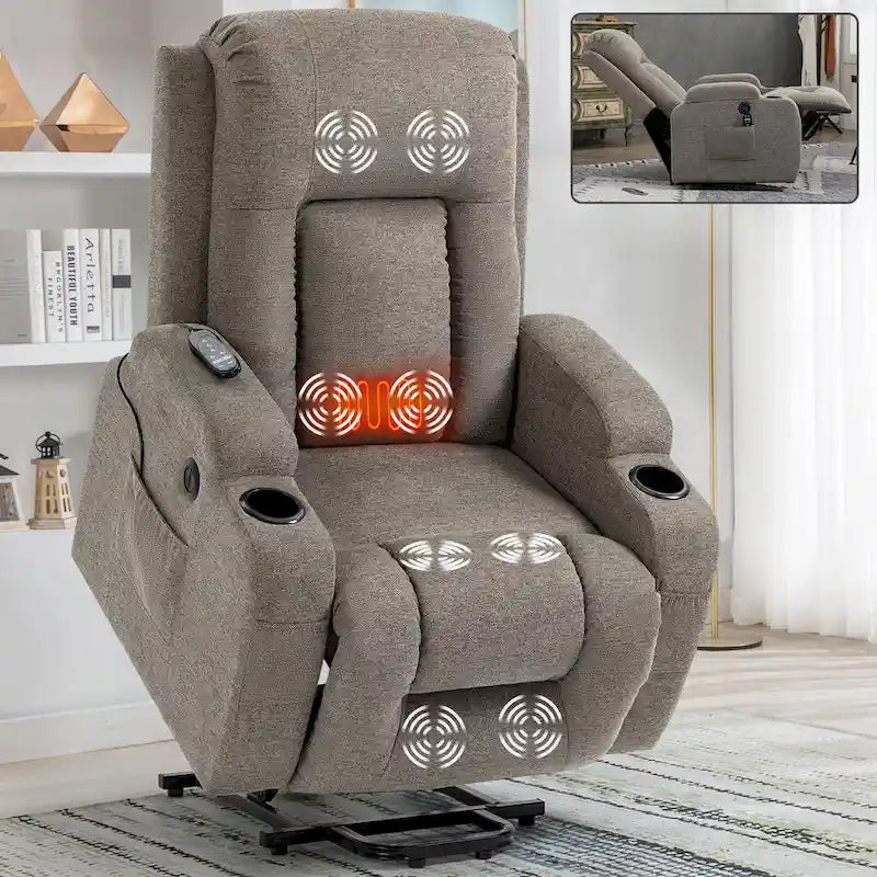 Power Lift Recliner Chair with Massage Heating USB Cup Holders Brown