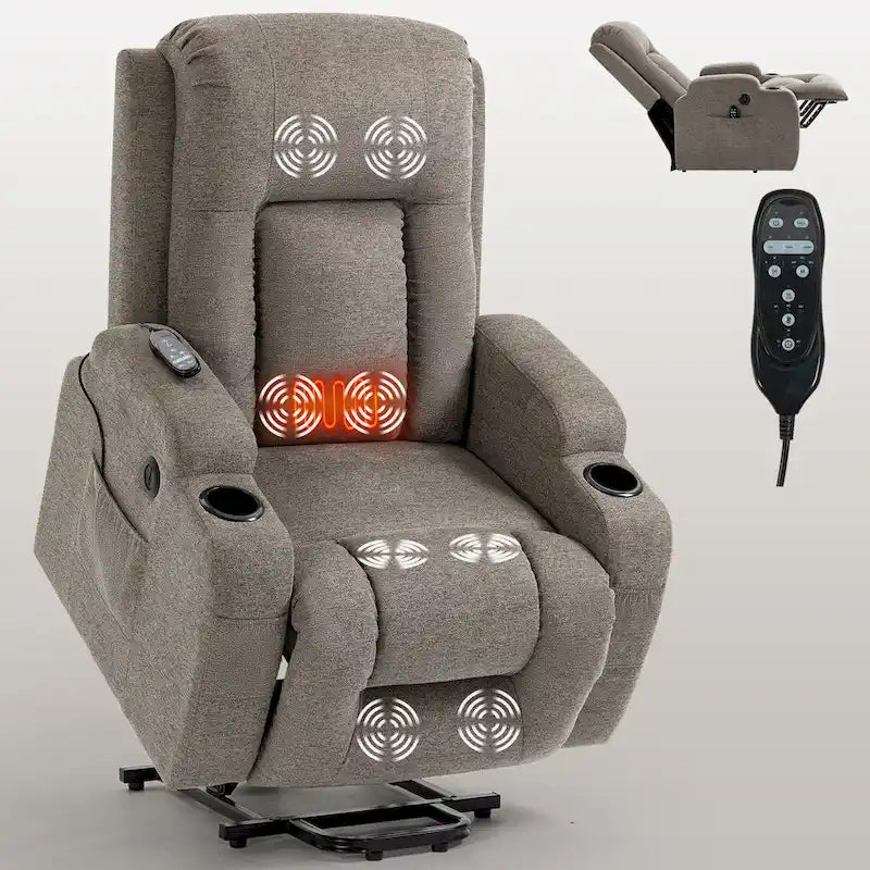 Power Lift Recliner Chair with Massage Heating USB Cup Holders Brown