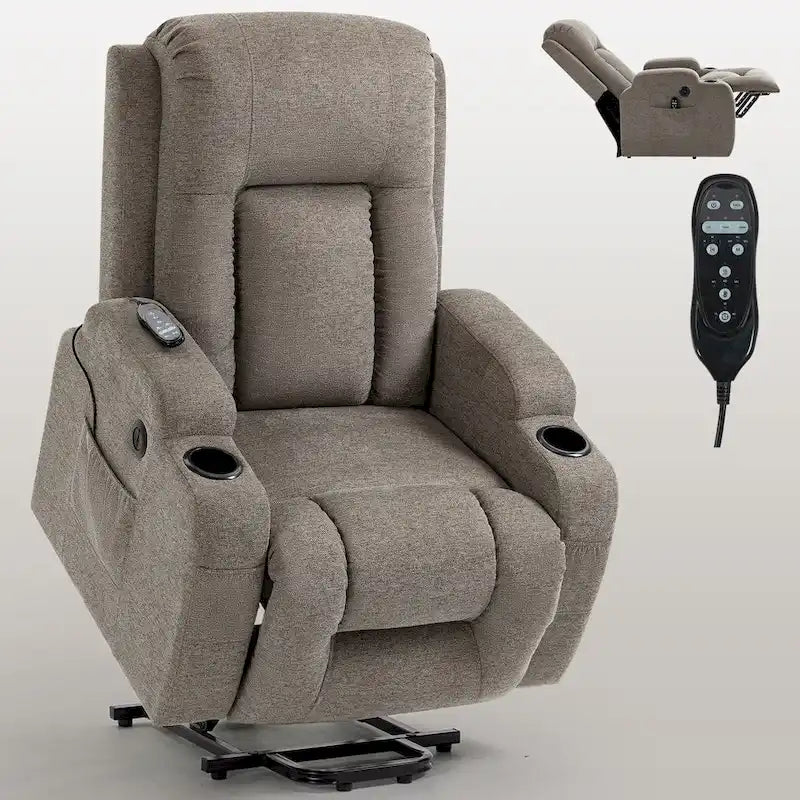 Power Lift Recliner Chair with Massage Heating USB Cup Holders Brown