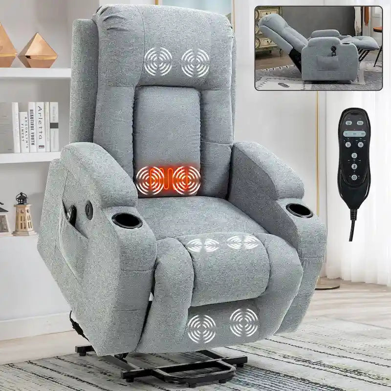 Power Lift Recliner Chair with Massage Heating USB Cup Holders Brown