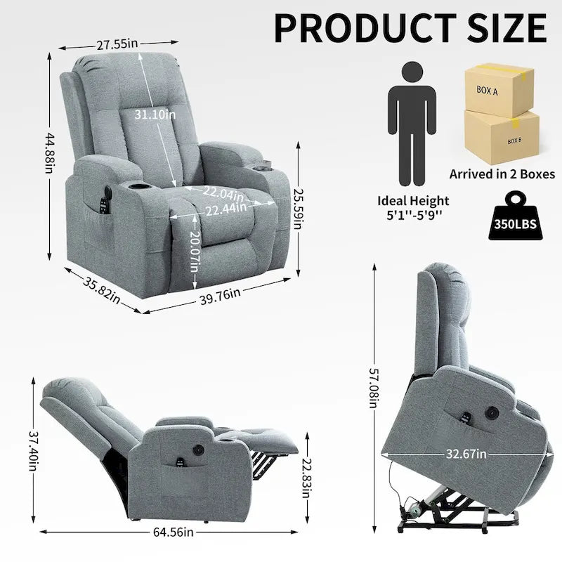 Power Lift Recliner Chair with Massage Heating USB Cup Holders Brown