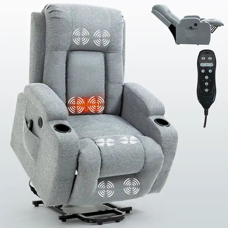 Power Lift Recliner Chair with Massage Heating USB Cup Holders Brown