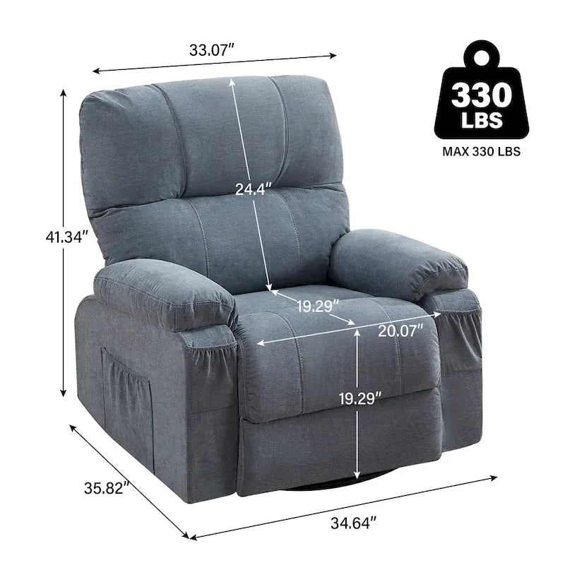 360 Swivel Fabric Recliner Lounge Chair with Pull-Out Footrest and Storage Pockets