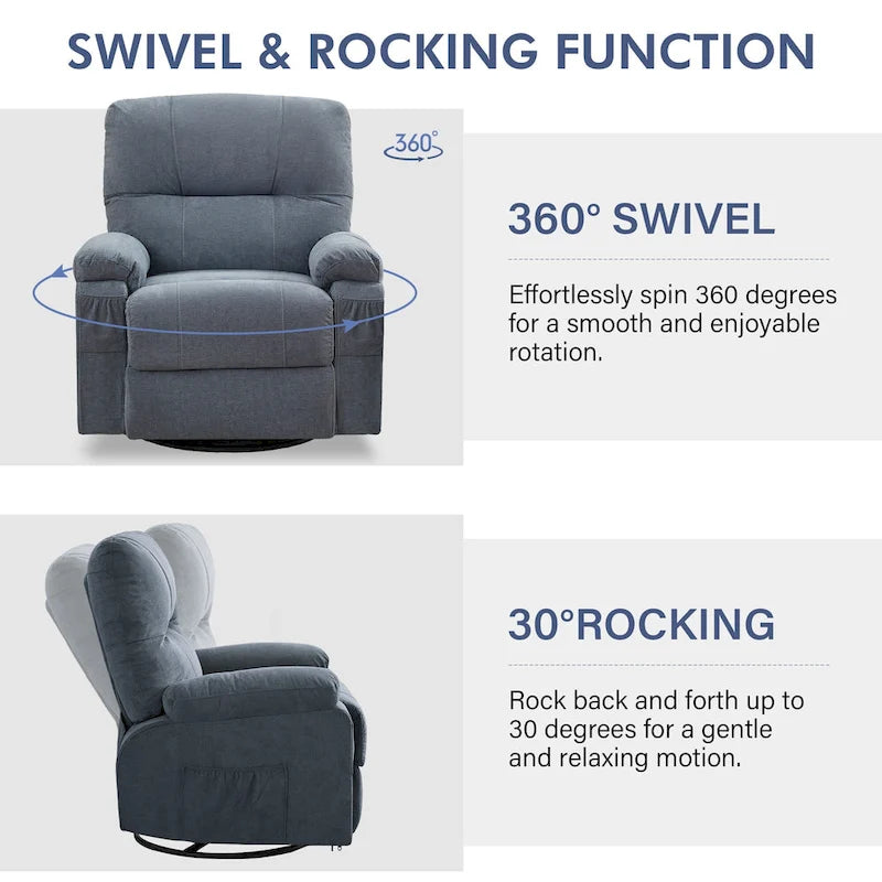 360 Swivel Fabric Recliner Lounge Chair with Pull-Out Footrest and Storage Pockets