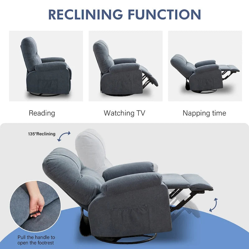 360 Swivel Fabric Recliner Lounge Chair with Pull-Out Footrest and Storage Pockets