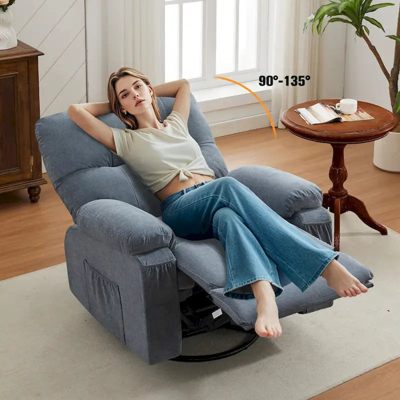 360 Swivel Fabric Recliner Lounge Chair with Pull-Out Footrest and Storage Pockets