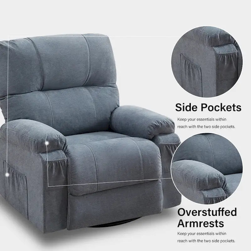 360 Swivel Fabric Recliner Lounge Chair with Pull-Out Footrest and Storage Pockets