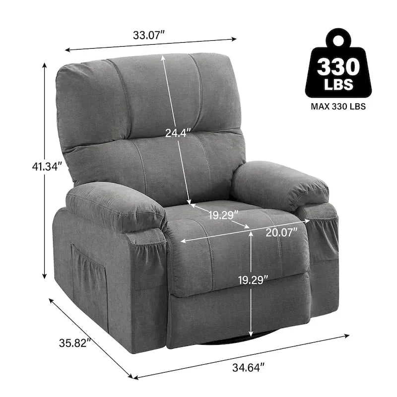 360 Swivel Fabric Recliner Lounge Chair with Pull-Out Footrest and Storage Pockets