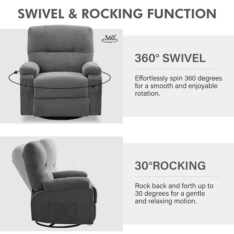 360 Swivel Fabric Recliner Lounge Chair with Pull-Out Footrest and Storage Pockets