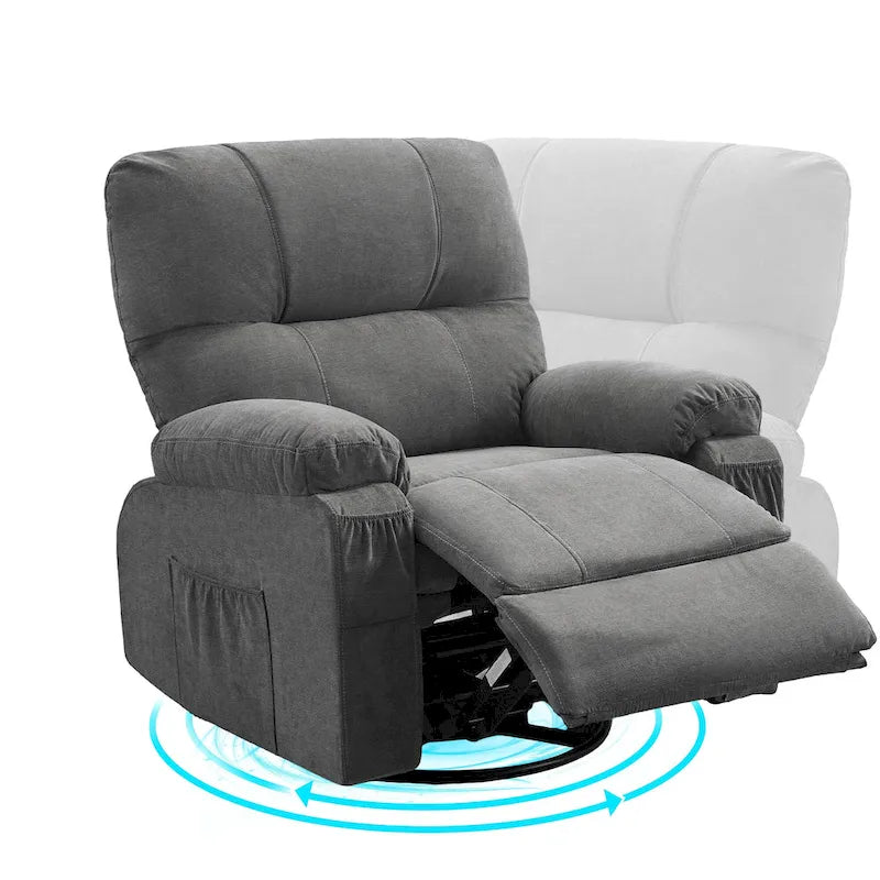 360 Swivel Fabric Recliner Lounge Chair with Pull-Out Footrest and Storage Pockets