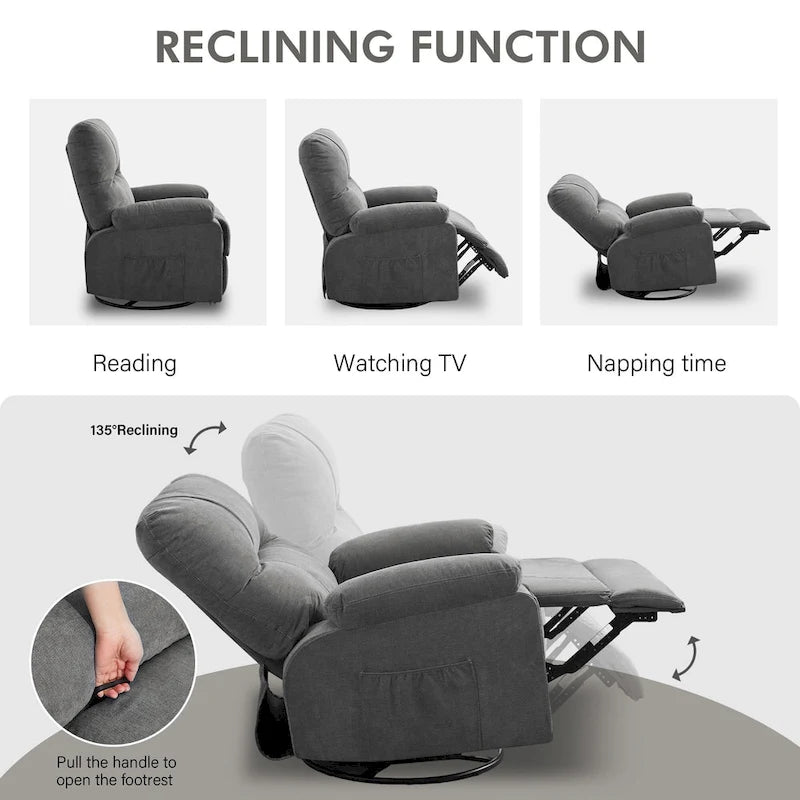 360 Swivel Fabric Recliner Lounge Chair with Pull-Out Footrest and Storage Pockets