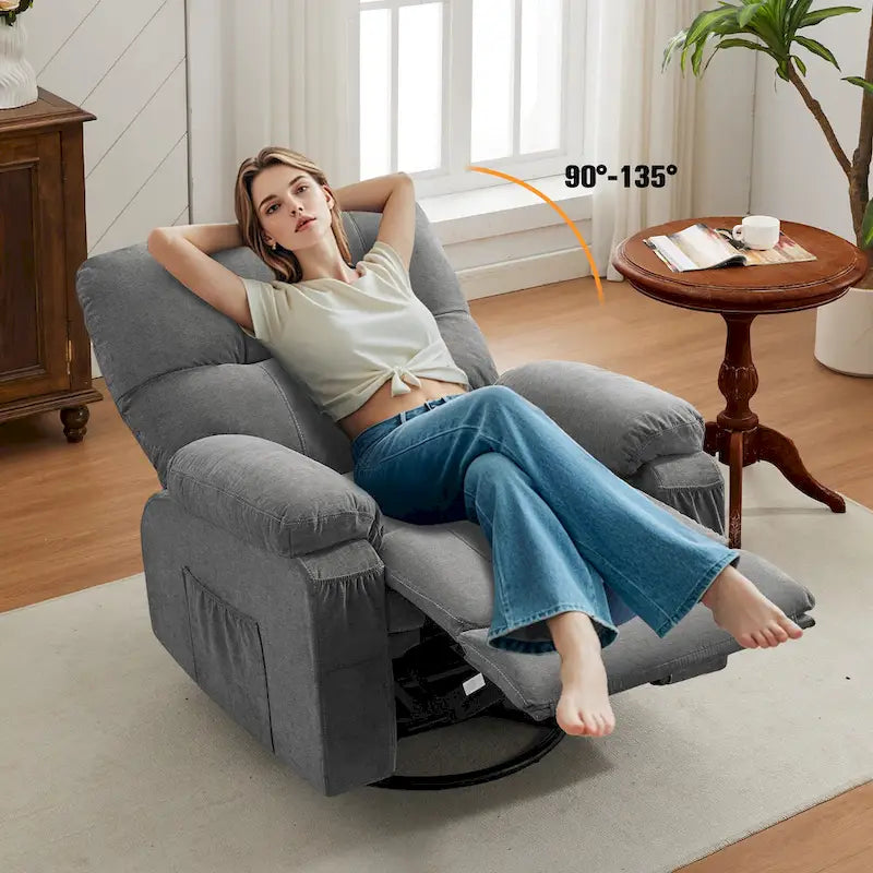 360 Swivel Fabric Recliner Lounge Chair with Pull-Out Footrest and Storage Pockets