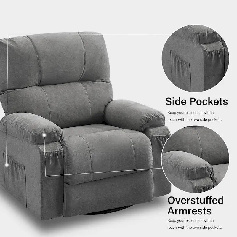 360 Swivel Fabric Recliner Lounge Chair with Pull-Out Footrest and Storage Pockets