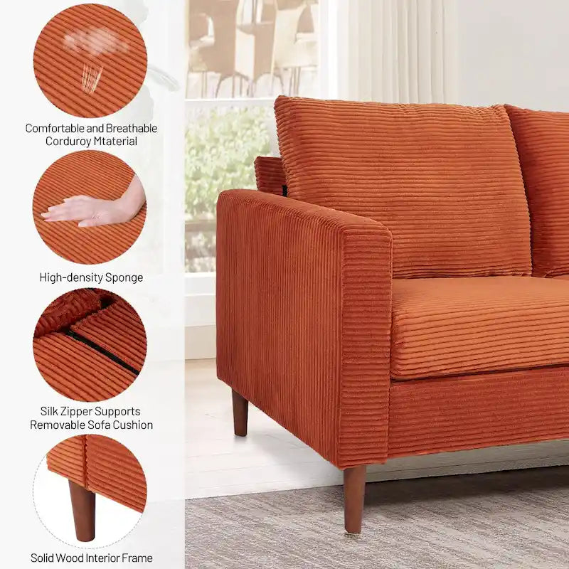 Corduroy Upholstered 2-Seat Loveseat Sofa with Solid Wood Legs, Beige Black Grey Orange