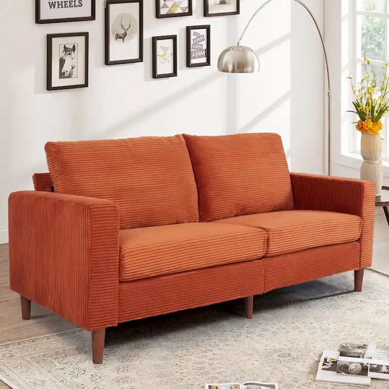 Corduroy Upholstered 2-Seat Loveseat Sofa with Solid Wood Legs, Beige Black Grey Orange