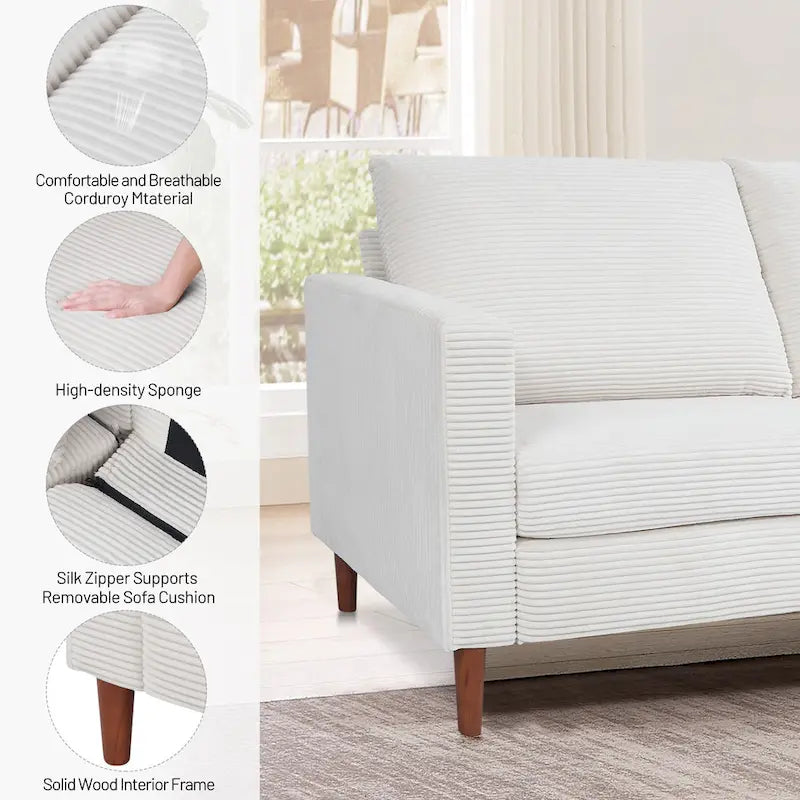 Corduroy Upholstered 2-Seat Loveseat Sofa with Solid Wood Legs, Beige Black Grey Orange