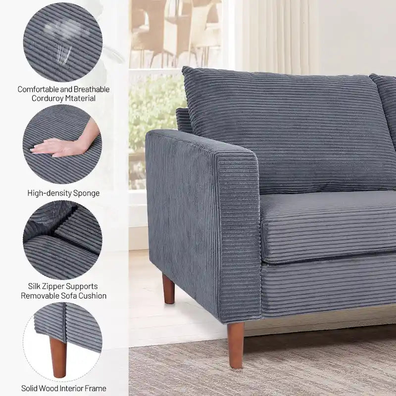 Corduroy Upholstered 2-Seat Loveseat Sofa with Solid Wood Legs, Beige Black Grey Orange