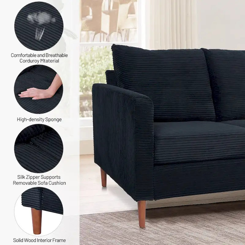 Corduroy Upholstered 2-Seat Loveseat Sofa with Solid Wood Legs, Beige Black Grey Orange