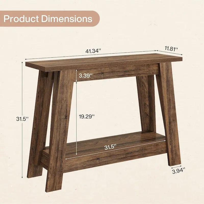 Rustic Brown 2-Tier Farmhouse Console Entryway Table Wooden Storage