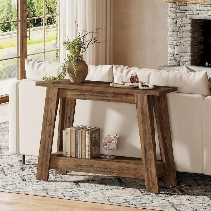 Rustic Brown 2-Tier Farmhouse Console Entryway Table Wooden Storage