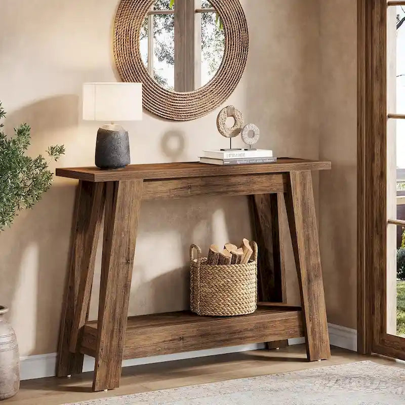 Rustic Brown 2-Tier Farmhouse Console Entryway Table Wooden Storage