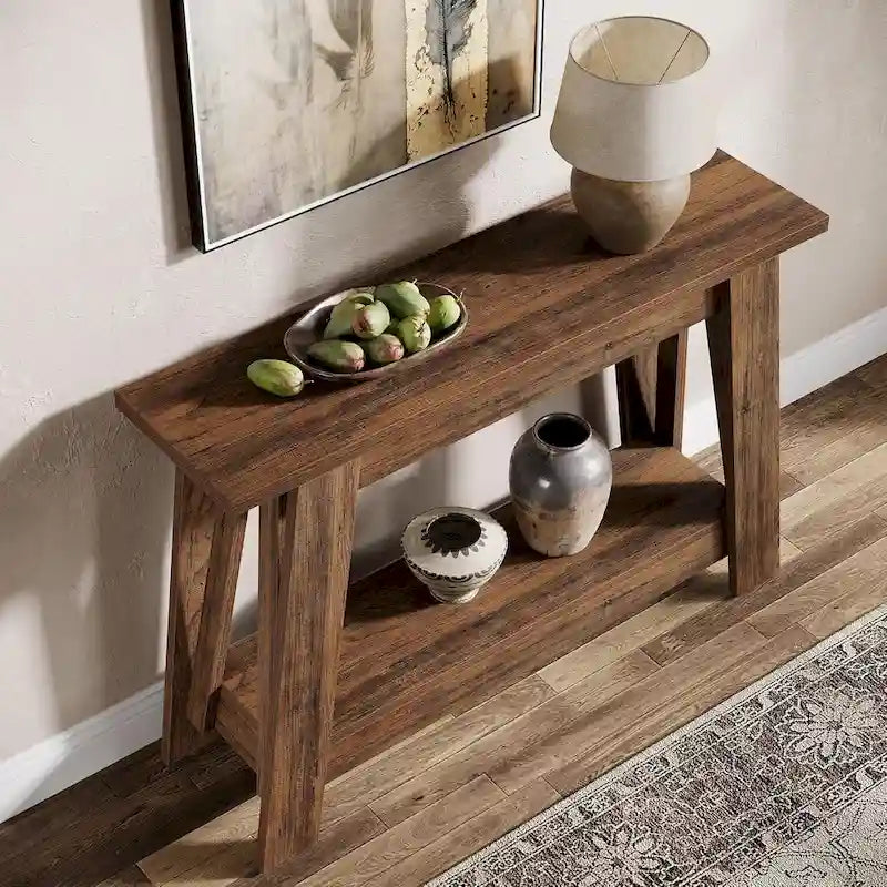 Rustic Brown 2-Tier Farmhouse Console Entryway Table Wooden Storage