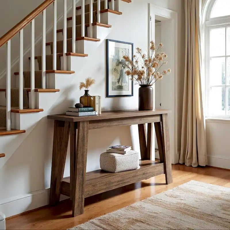 Rustic Brown 2-Tier Farmhouse Console Entryway Table Wooden Storage