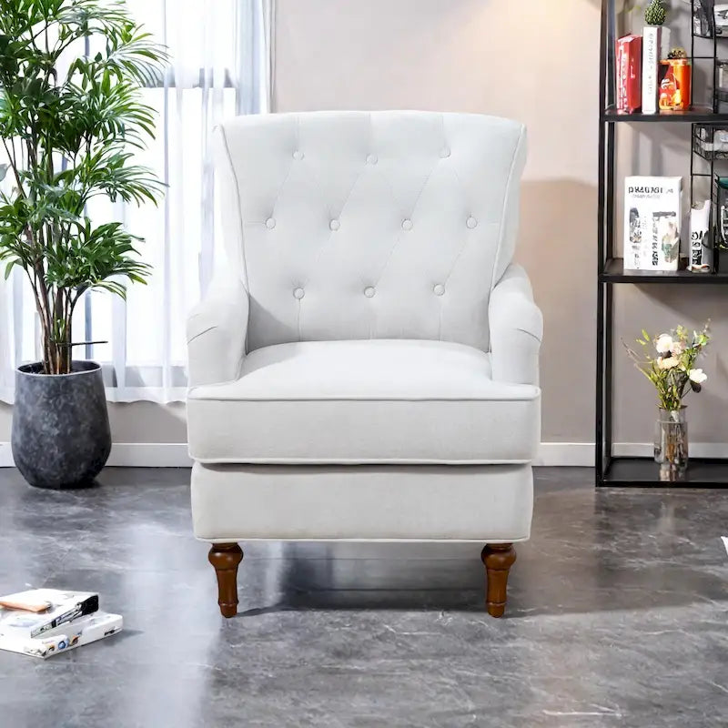 Retro Wooden Leg Accent Armchair with Chenille Upholstery and Spring Cushion, Blue & Oatmeal