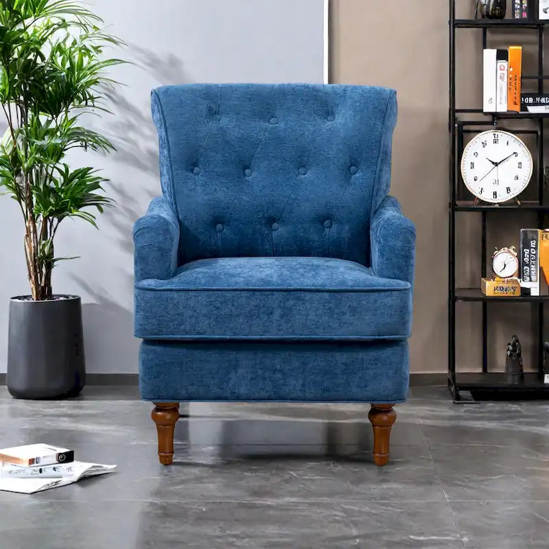 Retro Wooden Leg Accent Armchair with Chenille Upholstery and Spring Cushion, Blue & Oatmeal
