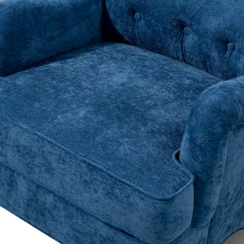 Retro Wooden Leg Accent Armchair with Chenille Upholstery and Spring Cushion, Blue & Oatmeal