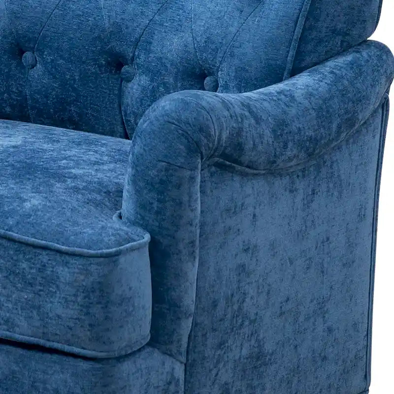 Retro Wooden Leg Accent Armchair with Chenille Upholstery and Spring Cushion, Blue & Oatmeal
