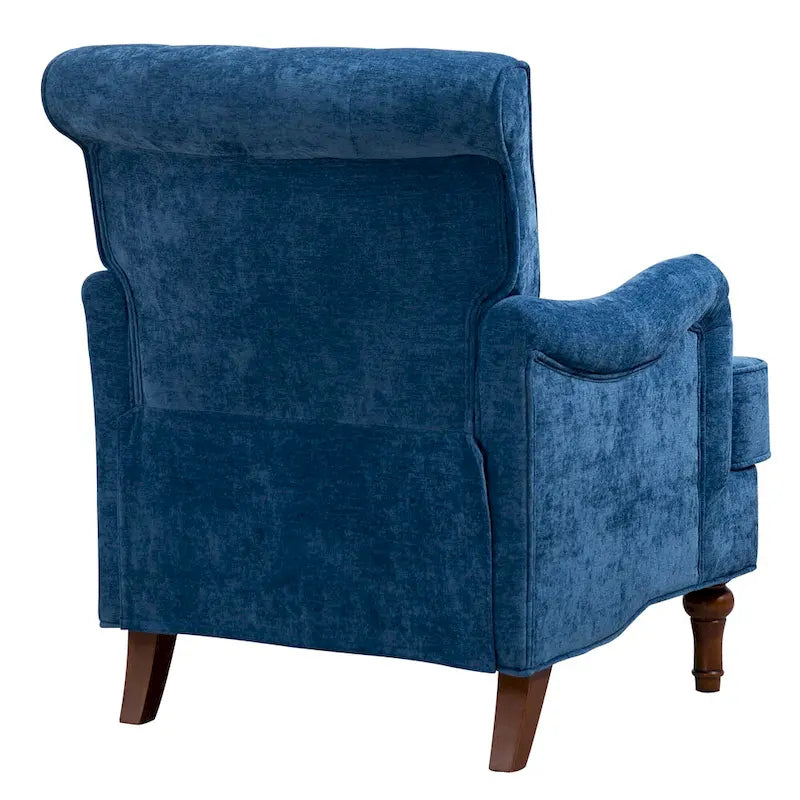 Retro Wooden Leg Accent Armchair with Chenille Upholstery and Spring Cushion, Blue & Oatmeal