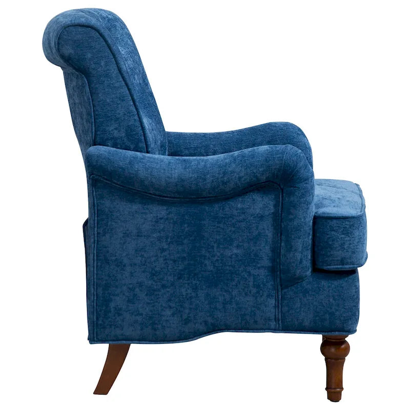 Retro Wooden Leg Accent Armchair with Chenille Upholstery and Spring Cushion, Blue & Oatmeal