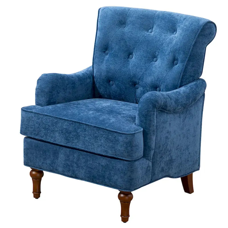 Retro Wooden Leg Accent Armchair with Chenille Upholstery and Spring Cushion, Blue & Oatmeal