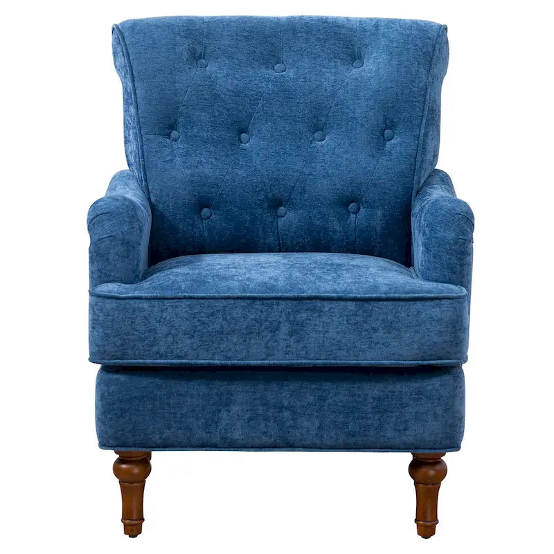 Retro Wooden Leg Accent Armchair with Chenille Upholstery and Spring Cushion, Blue & Oatmeal