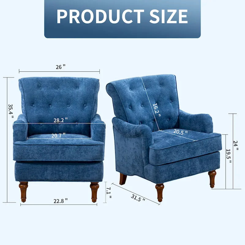 Retro Wooden Leg Accent Armchair with Chenille Upholstery and Spring Cushion, Blue & Oatmeal