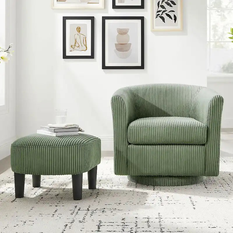 Green Corduroy Swivel Accent Chair with 360-Degree Rotation