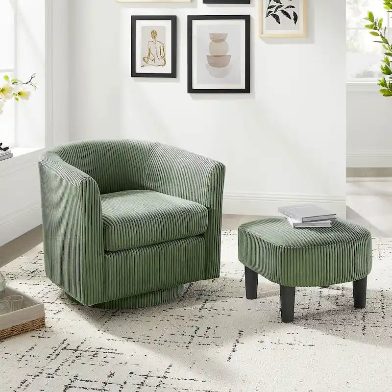 Green Corduroy Swivel Accent Chair with 360-Degree Rotation