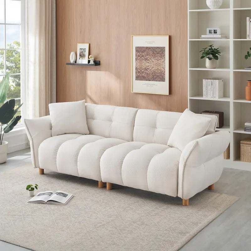 Teddy Upholstered 3-Seat Sofa Beige Green Yellow Tufted Spring Cushion Wood Legs