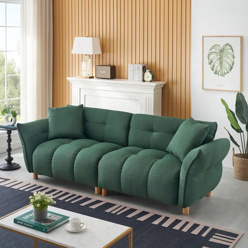 Teddy Upholstered 3-Seat Sofa Beige Green Yellow Tufted Spring Cushion Wood Legs