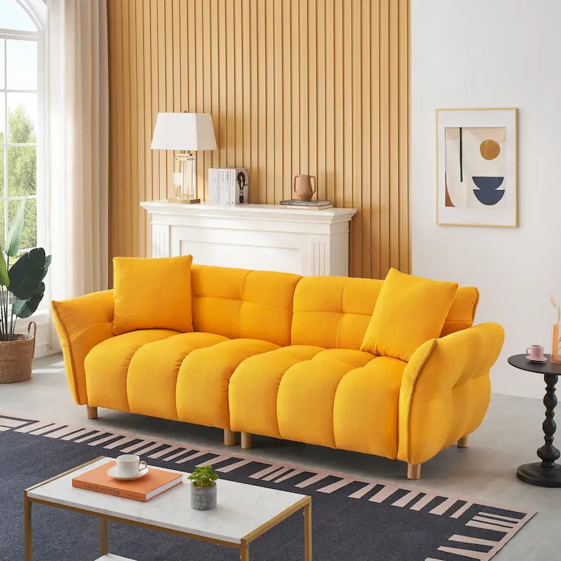 Teddy Upholstered 3-Seat Sofa Beige Green Yellow Tufted Spring Cushion Wood Legs