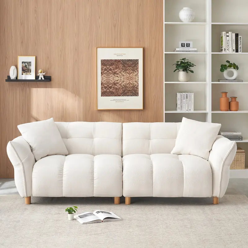 Teddy Upholstered 3-Seat Sofa Beige Green Yellow Tufted Spring Cushion Wood Legs