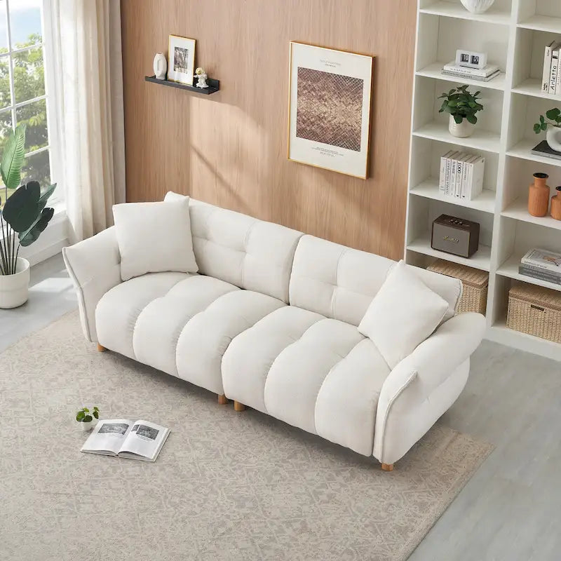 Teddy Upholstered 3-Seat Sofa Beige Green Yellow Tufted Spring Cushion Wood Legs