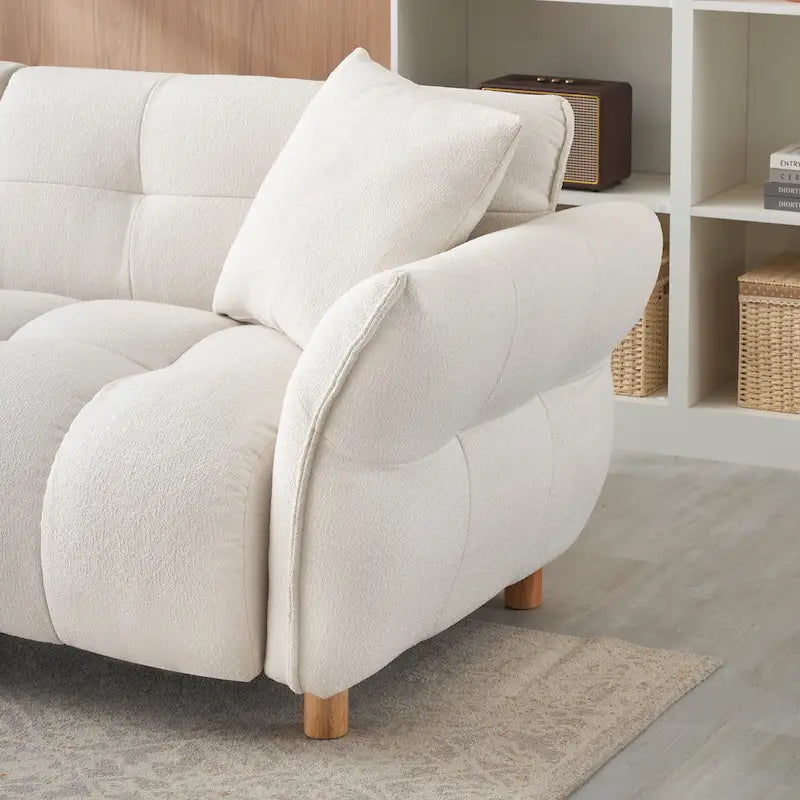 Teddy Upholstered 3-Seat Sofa Beige Green Yellow Tufted Spring Cushion Wood Legs