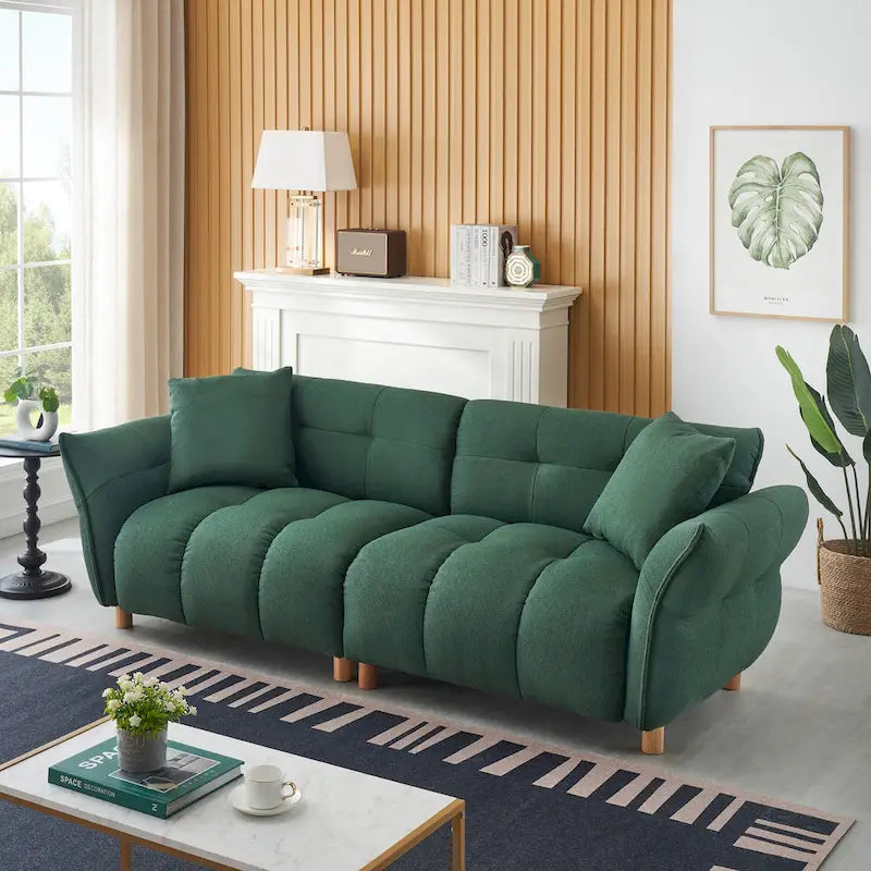 Teddy Upholstered 3-Seat Sofa Beige Green Yellow Tufted Spring Cushion Wood Legs