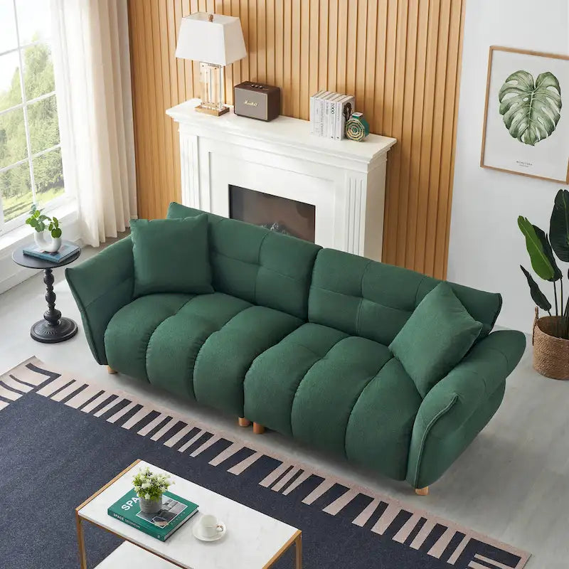 Teddy Upholstered 3-Seat Sofa Beige Green Yellow Tufted Spring Cushion Wood Legs